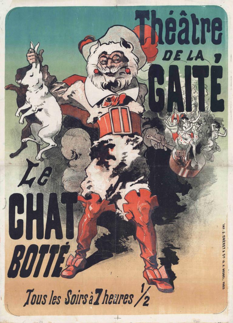 Théâtre de la Gaité. Le Chat botté.,Jules Chéret,İllüstrasyon,İllüstrasyon, enstrüman, sakal, 1 oğlan, parodi