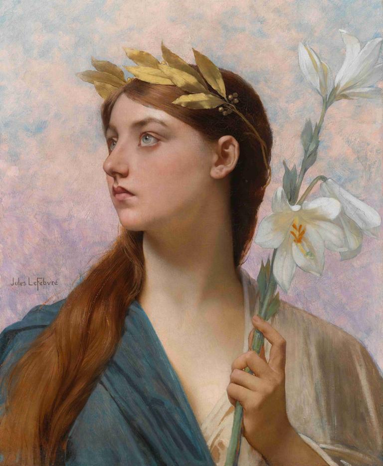 An Allegory Of Victory,Jules Joseph Lefebvre,Oil Painting,Oil Painting, 1girl, solo, flower, long hair