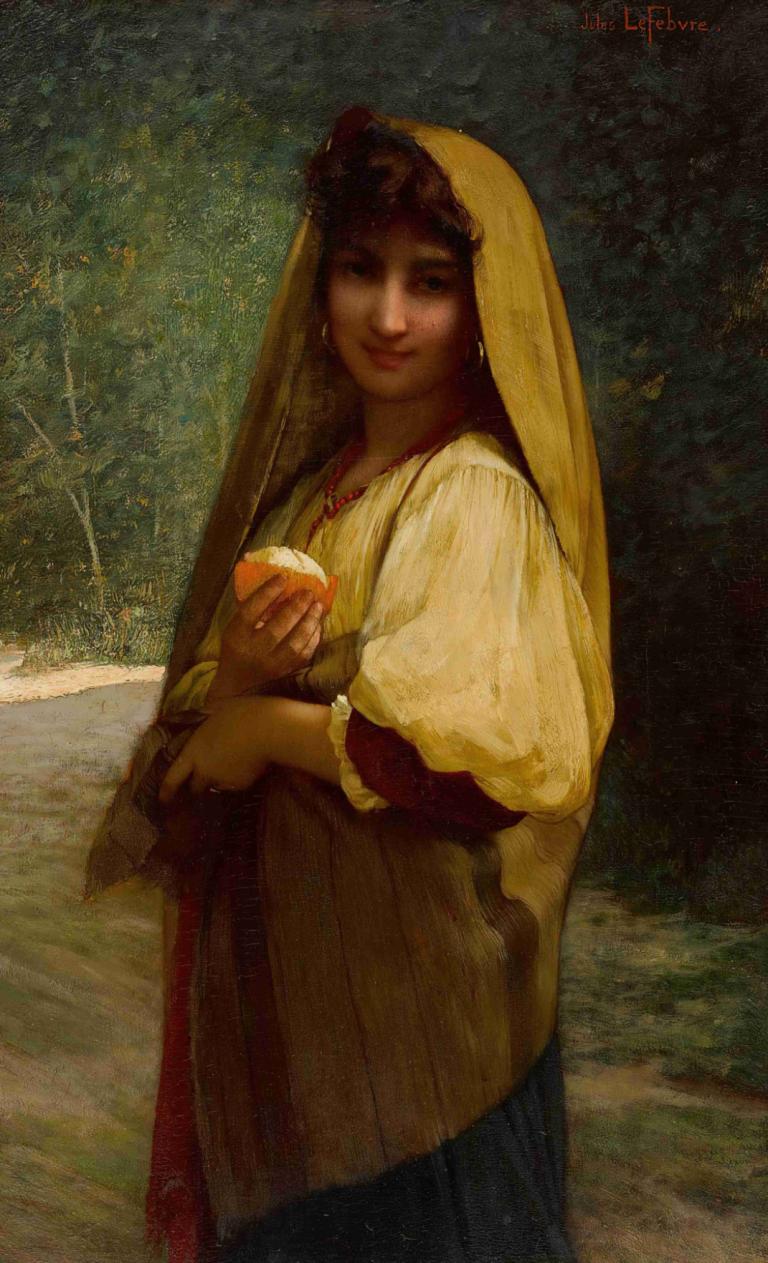 An Italian Girl With An Orange,Portakallı İtalyan Kız,Jules Joseph Lefebvre,Yağlı boya,Yağlı boya, 1kız, solo