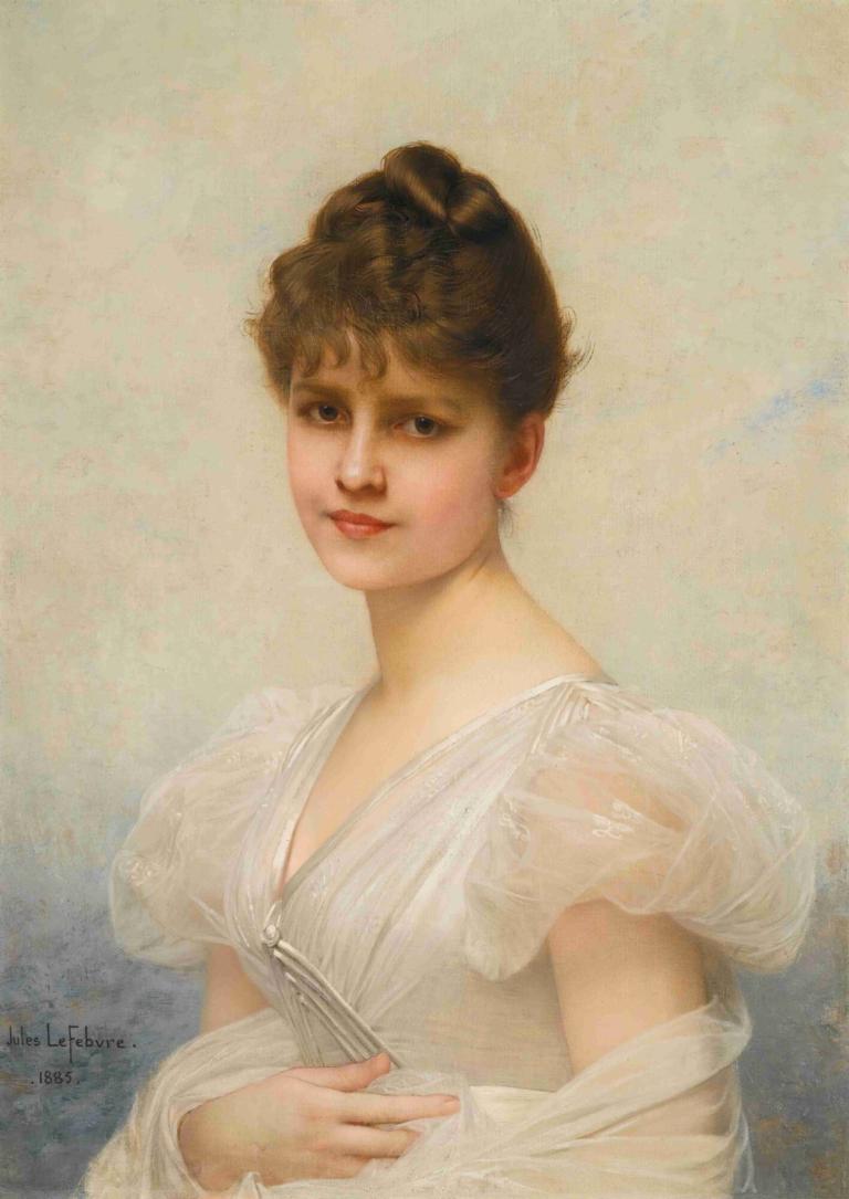 Edith Warren Miller,伊迪丝-沃伦-米勒,Jules Joseph Lefebvre,儒勒-约瑟夫-勒菲弗,油画,油画, 1个女孩, 独奏, 实际的, 棕色的头发, 裙子, 看着观众, 上半身, 短发