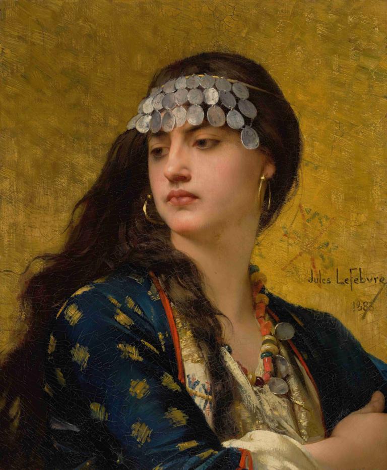 Fatima,法蒂瑪,Jules Joseph Lefebvre,朱爾斯·約瑟夫·列斐伏爾,油畫,油畫, 1個女孩, 珠寶, 獨奏, 耳環, 長髮, 實際的, 項鍊, 棕色的頭髮, 上半身, 嘴唇, 傳統服裝