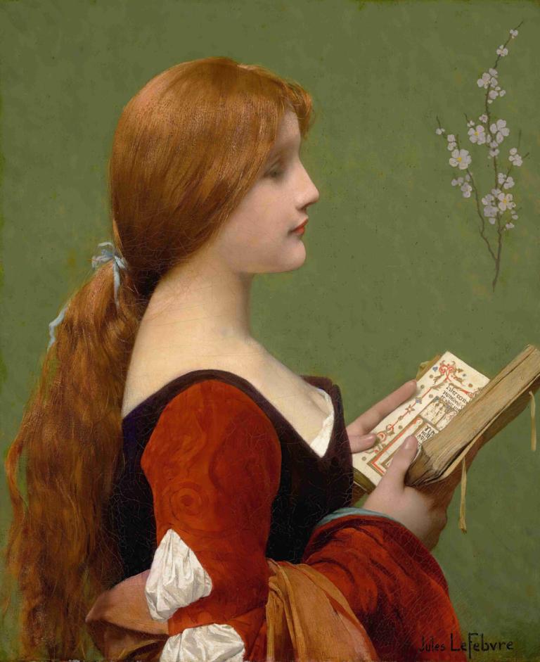 Jeanne La Rousse,ジャンヌ・ラ・ルース,Jules Joseph Lefebvre,ジュール・ジョセフ・ルフェーブル,油絵,油絵, ソロ, 1女の子, 長い髪, 本, ポニーテール, 現実的な