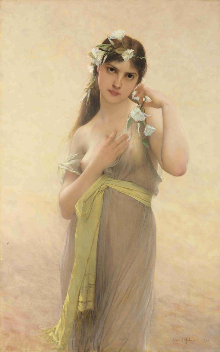 Morning Glory,Jules Joseph Lefebvre,Oil Painting,Oil Painting, 1girl, solo, realistic, flower, brown hair