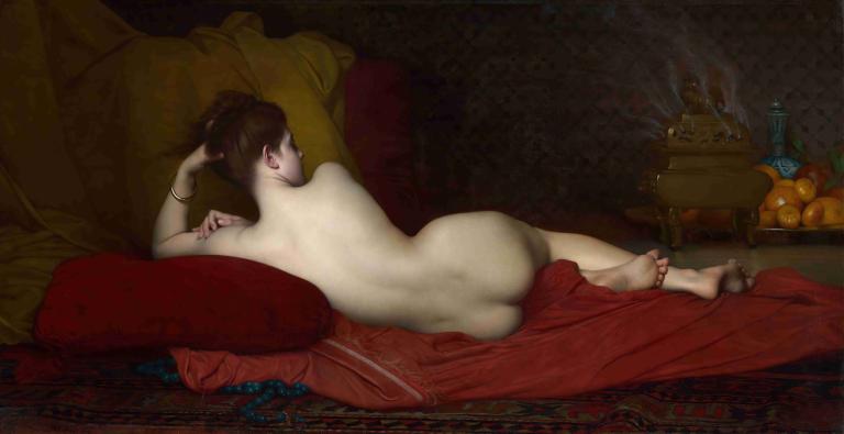 Odalisque,Jules Joseph Lefebvre,Oil Painting,Oil Painting, 1girl, ass, solo, nude, lying, barefoot, jewelry