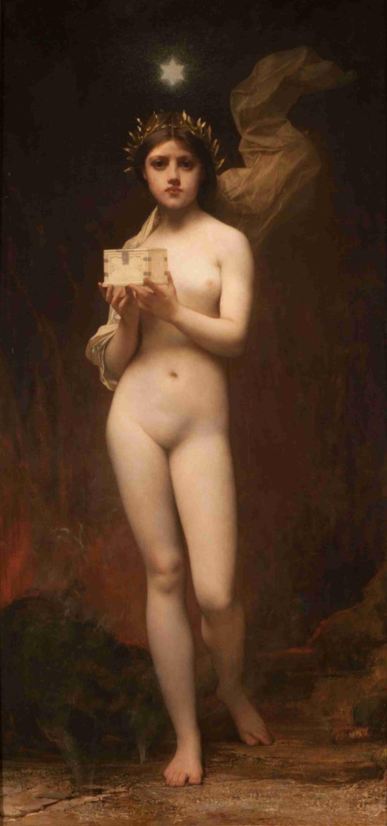 Pandora,潘多拉,Jules Joseph Lefebvre,儒勒-约瑟夫-勒菲弗,油画,油画, 1个女孩, 独奏, 美术模仿, 裸体, 乳头, 脐, 赤脚, 常设, 保持, 乳房, 全身, 棕色的头发, 实际的