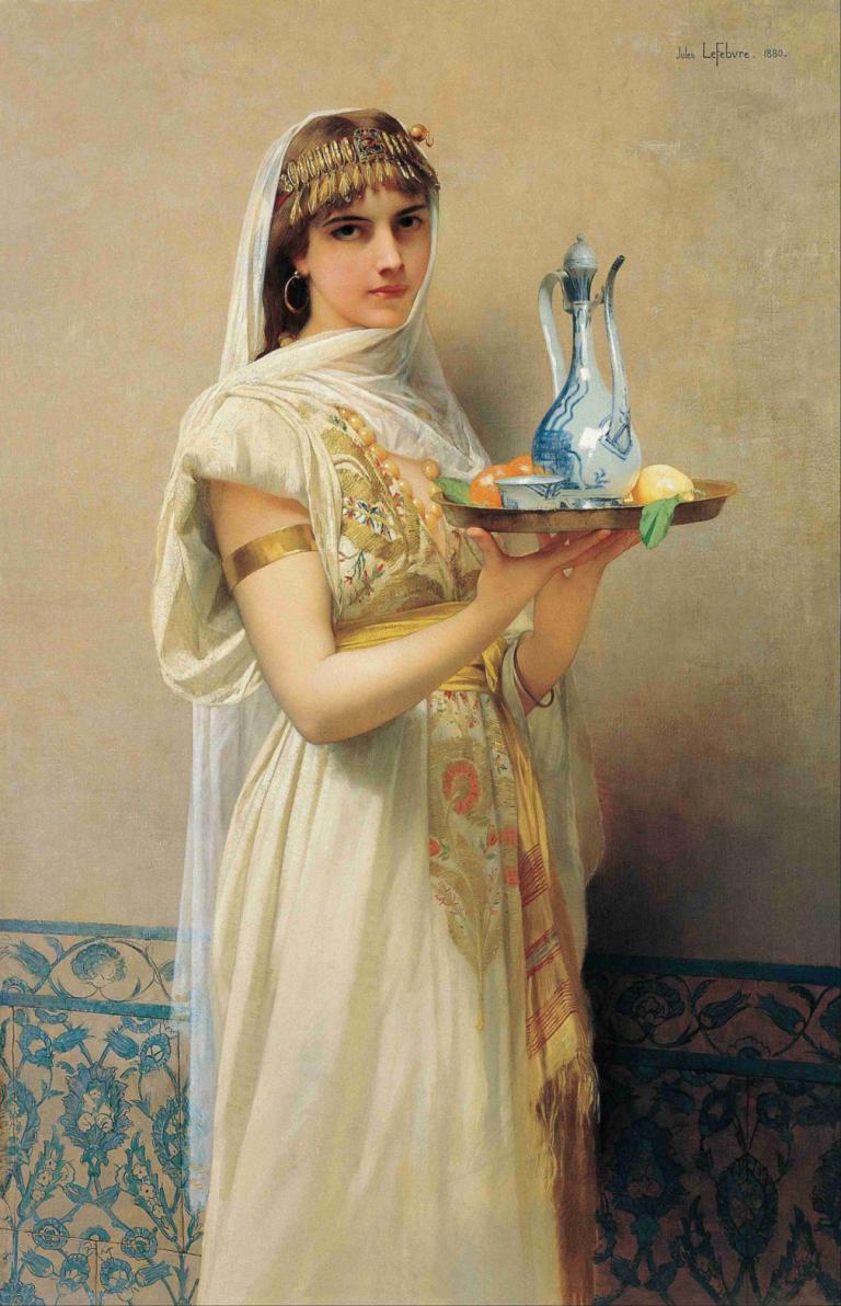 Servant,Jules Joseph Lefebvre,Oil Painting,Oil Painting, 1girl, solo, jewelry, food, earrings, fruit