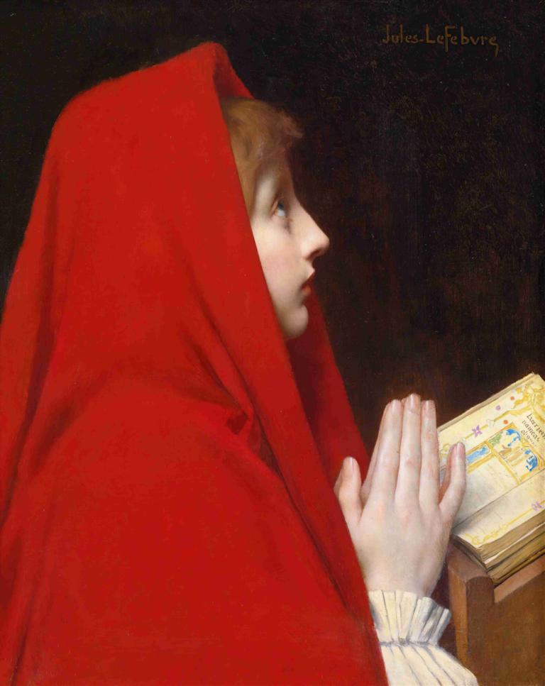 The Red Cloak,紅色斗篷,Jules Joseph Lefebvre,朱爾斯·約瑟夫·列斐伏爾,油畫,油畫, 獨奏, 書, 男性焦點, 1男孩, 實際的, 傳統媒體, 藍眼睛, 輪廓, 拿著書, 金髮