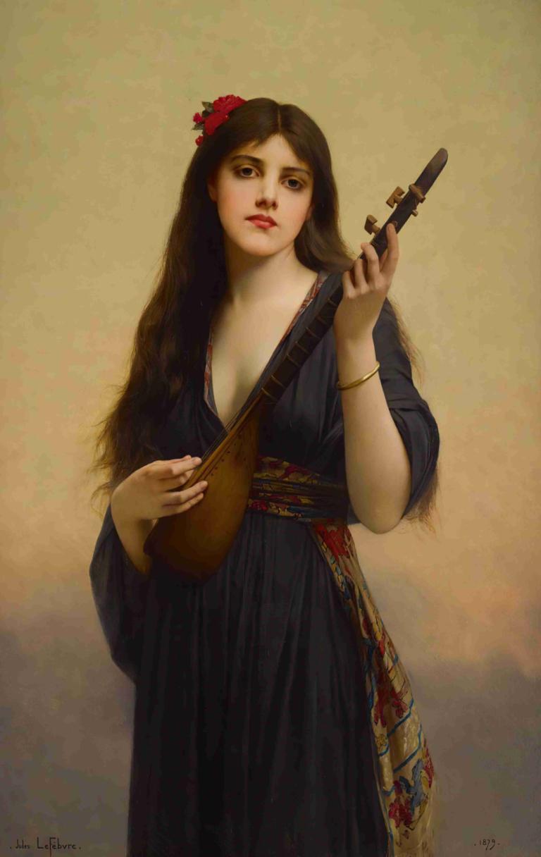 Woman Playing A Lute,Jules Joseph Lefebvre,Oil Painting,Oil Painting, 1girl, solo, long hair, hair ornament