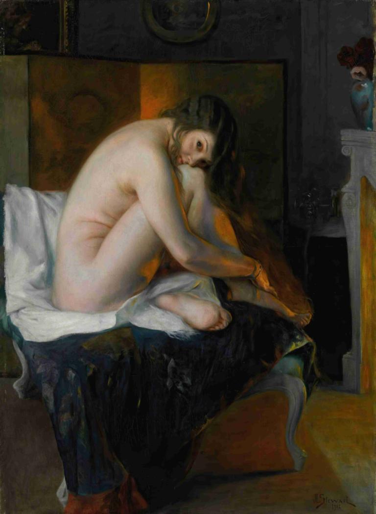 Before The Fire,Julius Leblanc Stewart,Oil Painting,Oil Painting, 1girl, fine art parody, solo, nude