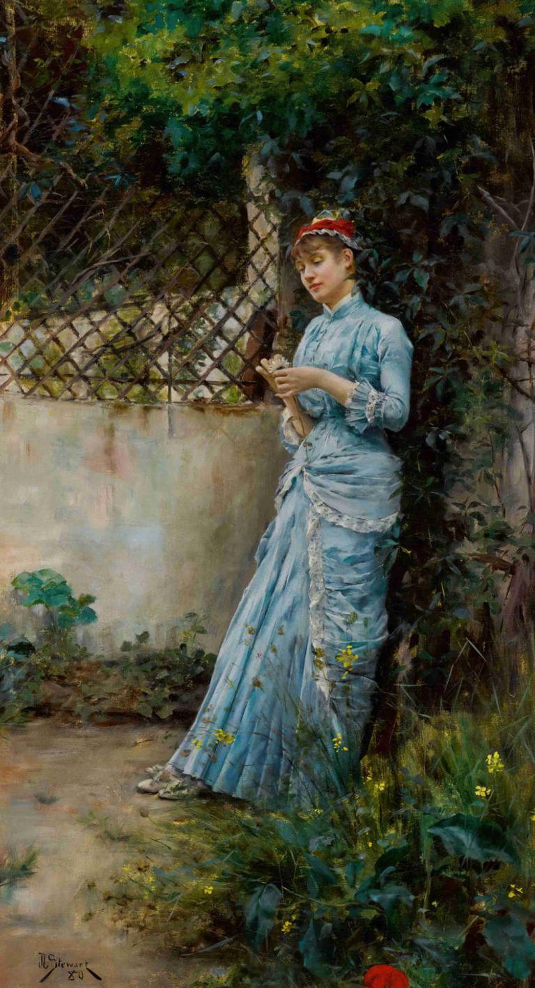 Far Away Thoughts1880,Julius Leblanc Stewart,Oil Painting,Oil Painting, 1girl, solo, dress, flower