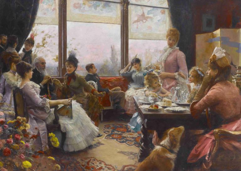 Five o'clock tea,Julius Leblanc Stewart,Oil Painting,Oil Painting, fine art parody, multiple girls