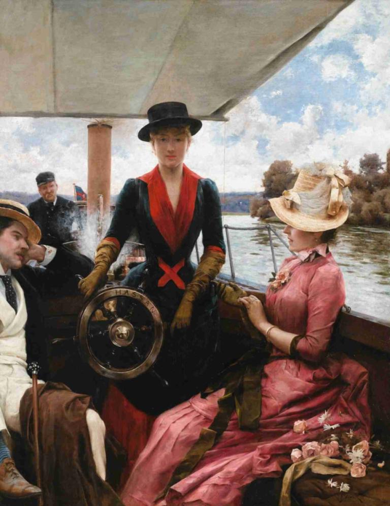 Full Speed,Julius Leblanc Stewart,Oil Painting,Oil Painting, fine art parody, hat, watercraft, multiple boys