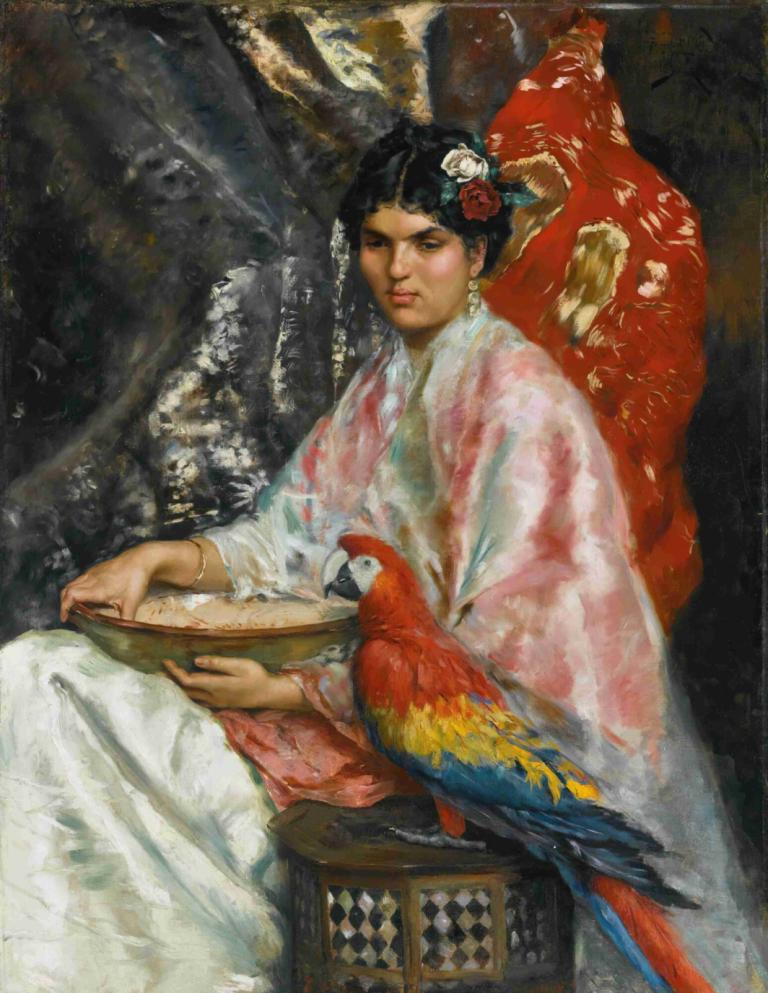 Lady With A Parrot,Julius Leblanc Stewart,Oil Painting,Oil Painting, fine art parody, 1girl, bird