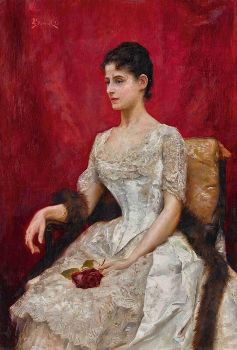 Lady in white,白いドレスの女性,Julius Leblanc Stewart,ジュリアス・ルブラン・スチュワート,油絵,油絵, 1女の子, 花, ドレス, ソロ, 黒髪, 椅子, 現実的な, 座っている