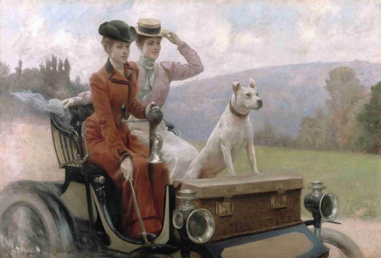 Les Dames Goldsmith,Julius Leblanc Stewart,Oil Painting,Oil Painting, hat, dog, riding, horse, ground vehicle