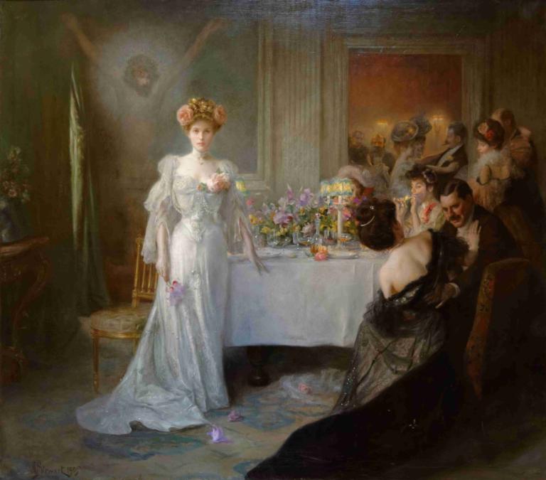 Rédemption,Julius Leblanc Stewart,Oil Painting,Oil Painting, fine art parody, flower, dress, multiple girls