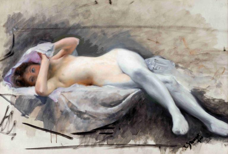 Reclining Nude,斜臥裸體,Julius Leblanc Stewart,朱利葉斯·勒布朗·斯圖爾特,油畫,油畫, 1個女孩, 獨奏, 連褲襪, 說謊, 棕色的頭髮, 乳房, 乳頭, 實際的, 美術模仿