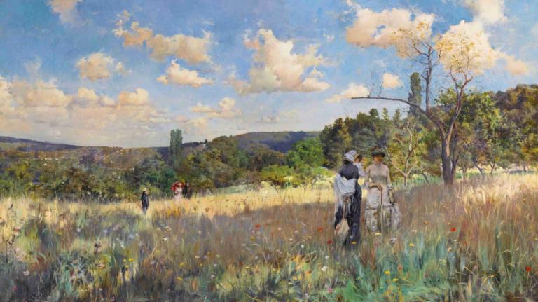 Summer,Sommer,Julius Leblanc Stewart,Oljemaleri,Oljemaleri, utendørs, tre, himmel, Sky, gress, natur