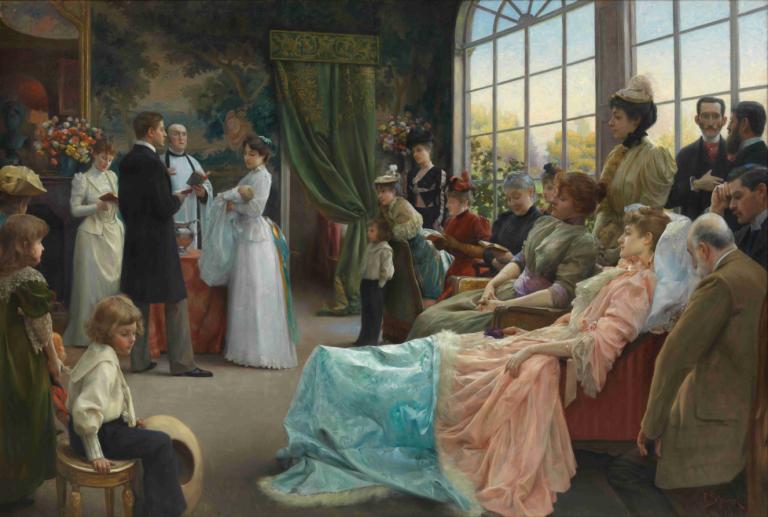 The Baptism,洗禮,Julius Leblanc Stewart,朱利葉斯·勒布朗·斯圖爾特,油畫,油畫, 多個男孩, 美術模仿, 多個女孩, 裙子, 窗戶, 帽子, 老婦人, 老的, 6+男孩, 在室內