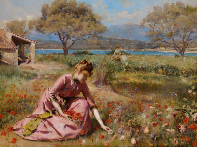 The First Spring,Julius Leblanc Stewart,Oil Painting,Oil Painting, 1girl, flower, outdoors, tree, dress