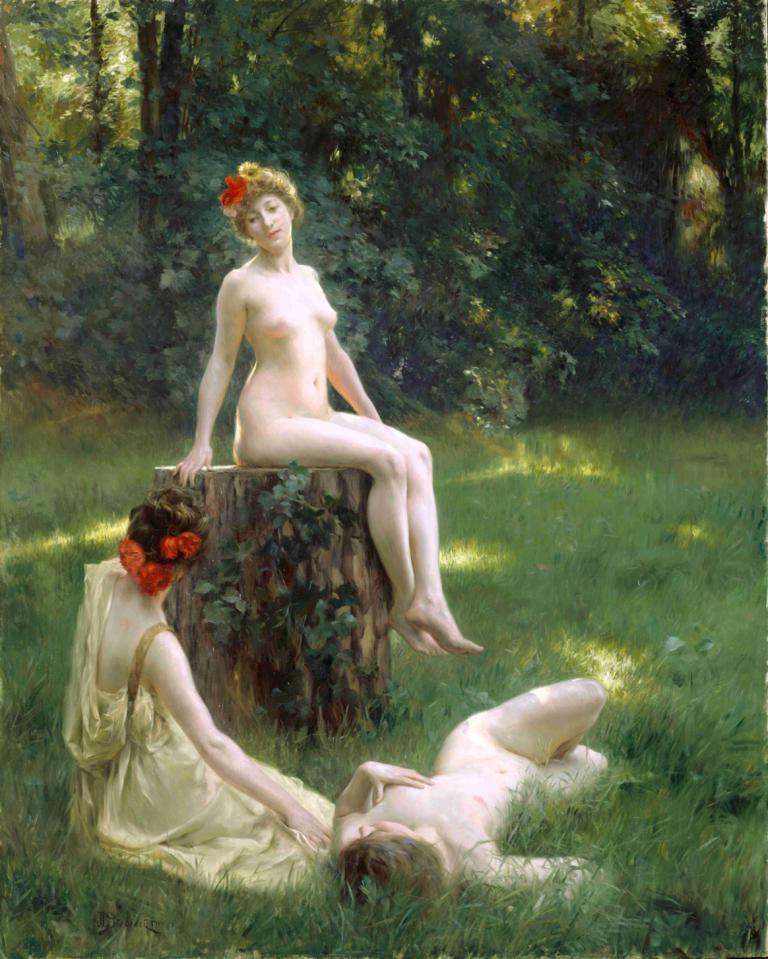 The Glade,林間空地,Julius Leblanc Stewart,朱利葉斯·勒布朗·斯圖爾特,油畫,油畫, 多個女孩, 裸體, 花, 乳房, 2個女孩, 草, 乳頭, 自然, 坐著, 臍, 髮飾, 髮花