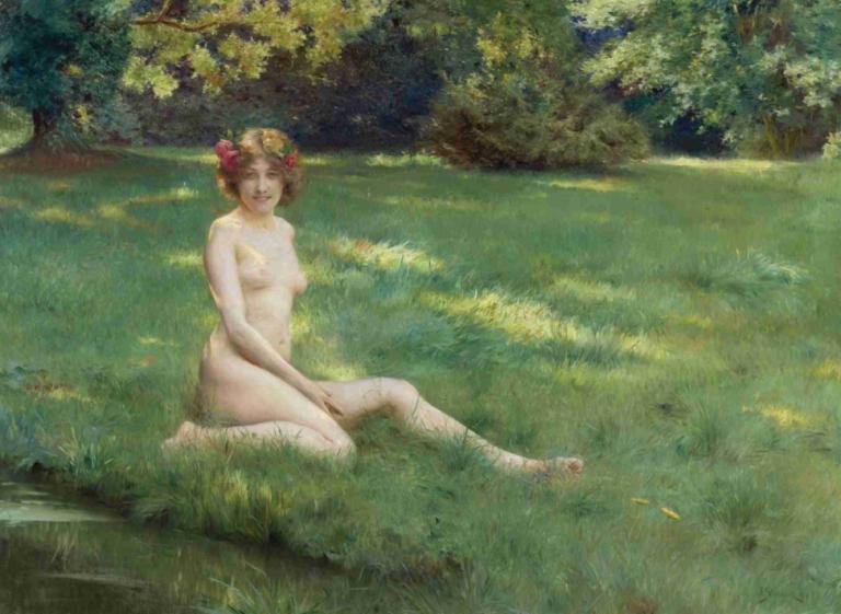 Un Nu Sur La Pelouse,Julius Leblanc Stewart,Oil Painting,Oil Painting, 1girl, solo, nude, nipples, breasts