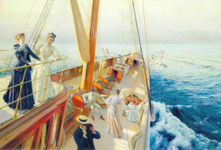 Yachting the Mediterranean,Julius Leblanc Stewart,Oil Painting,Oil Painting, watercraft, hat, boat