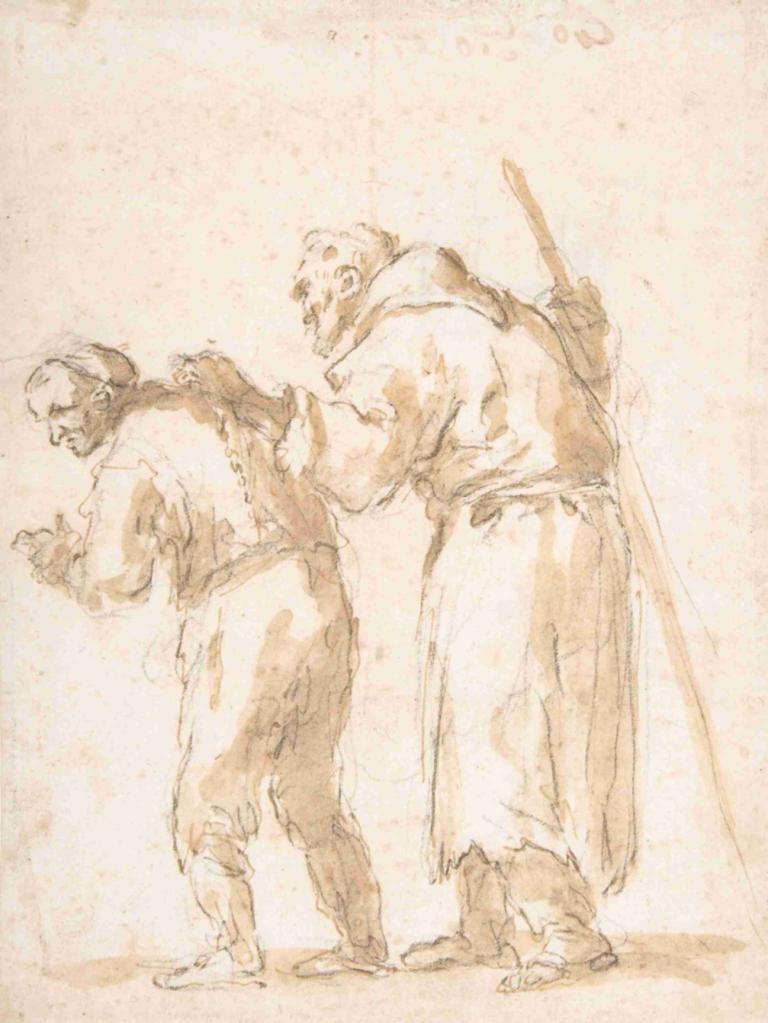 A Man Leading a Blind Friar,Jusepe de Ribera,Sketch,Sketch, multiple boys, 2boys, monochrome, old, male focus