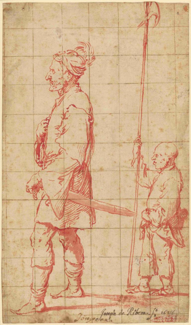 A Potentate Accompanied by His Halberd Bearer,Jusepe de Ribera,Sketch,Sketch, old, old man, weapon