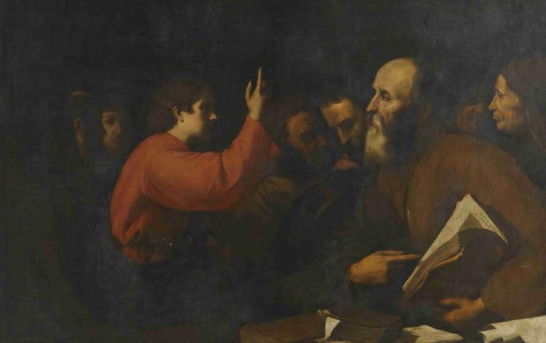 Christ Among The Doctors In The Temple,基督与圣殿中的医生,Jusepe de Ribera,油画,油画, 多个男孩, 美术模仿, 胡子, 黑暗的, 胡子, 衬衫, 保持, 胡须