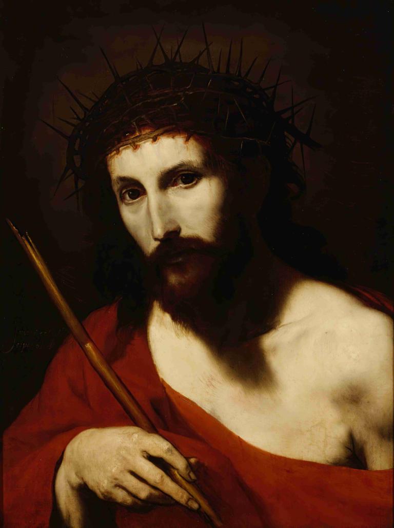 Ecce Homo,Jusepe de Ribera,Oil Painting,Oil Painting, solo, 1boy, male focus, facial hair, fine art parody