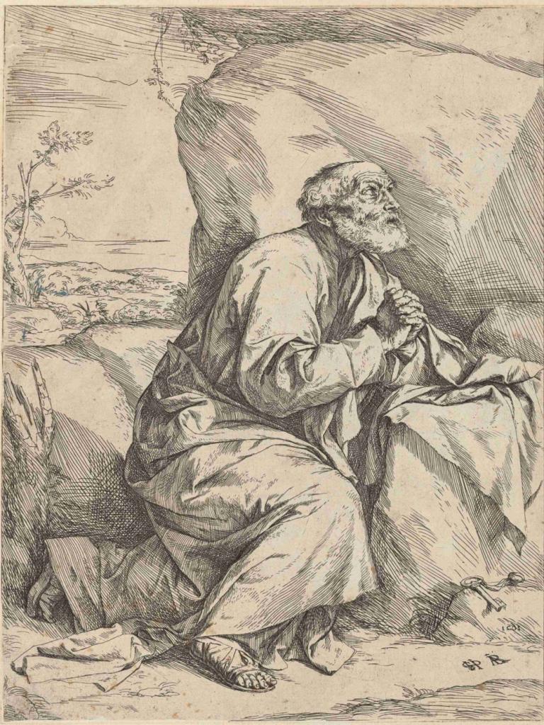 Penitence of Saint Peter,Jusepe de Ribera,Copperplate Etching,Copperplate Etching, old, old man, 1boy