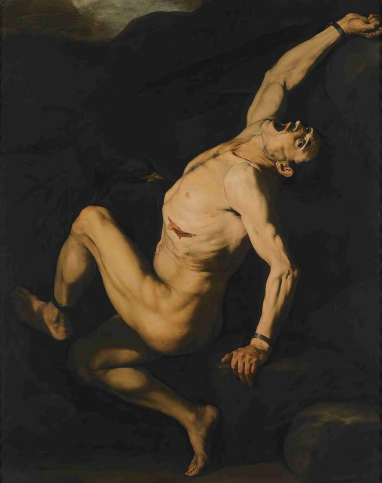 Prometheus,Jusepe de Ribera,Oil Painting,Oil Painting, male focus, 1boy, solo, nude, fine art parody, jewelry