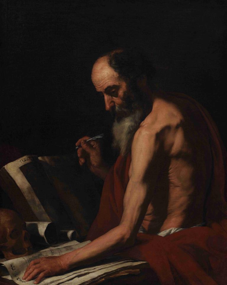 St Jerome,Sankt Jerome,Jusepe de Ribera,Oljemålning,Oljemålning, 1 pojke, manligt fokus, solo, skallig