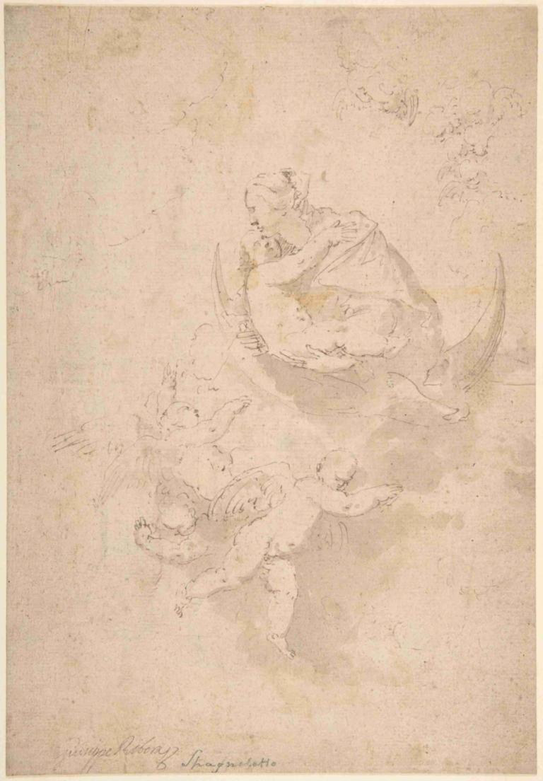 Virgin and Child on Crescent Moon with Putti,Jungfru och barn på halvmåne med putti,Jusepe de Ribera,Skiss