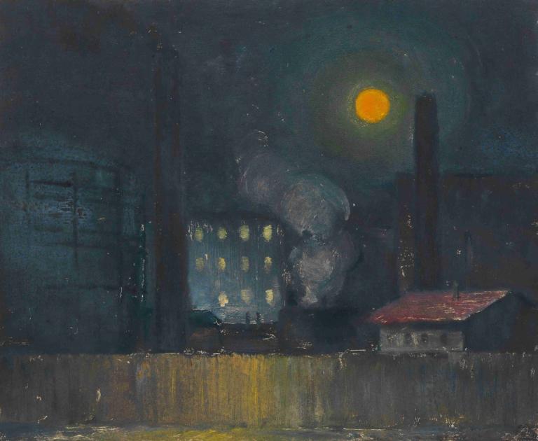 'Gaswerk' im Mondlicht,Karl Wiener,Illustration,Illustration, no humans, building, scenery, night, moon