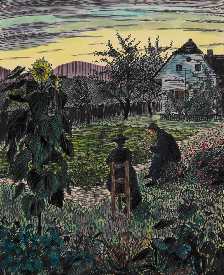 Abend im Garten,Bahçede akşam,Karl Wiener,İllüstrasyon,İllüstrasyon, çiçek, ayçiçeği, açık havada, ağaç