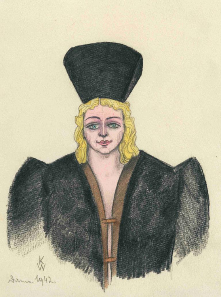 Dame,Karl Wiener,Illustration,Illustration, solo, blond hår, hat, traditionelle medier, Underskrift