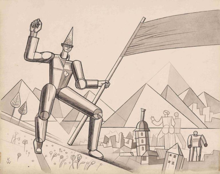 Der Fahnenträger,Le porte-drapeau,Karl Wiener,Illustration,Illustration, monochrome, drapeau, holding, robot