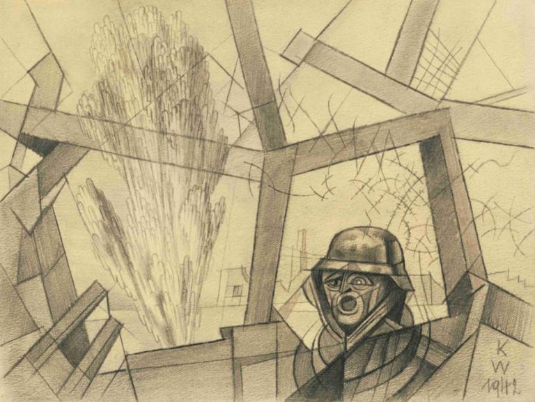 Deutscher Soldat im Trommelfeuer,Soldado alemán en fuego de tambor,Karl Wiener,Ilustración,Ilustración, casco