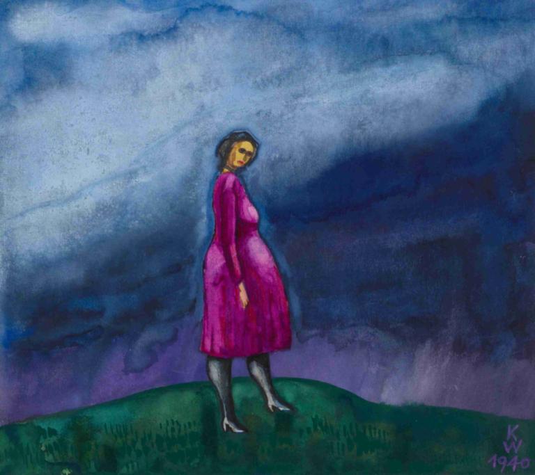 Die Schwangere,Karl Wiener,Illustration,Illustration, 1girl, solo, dress, high heels, grass, cloud