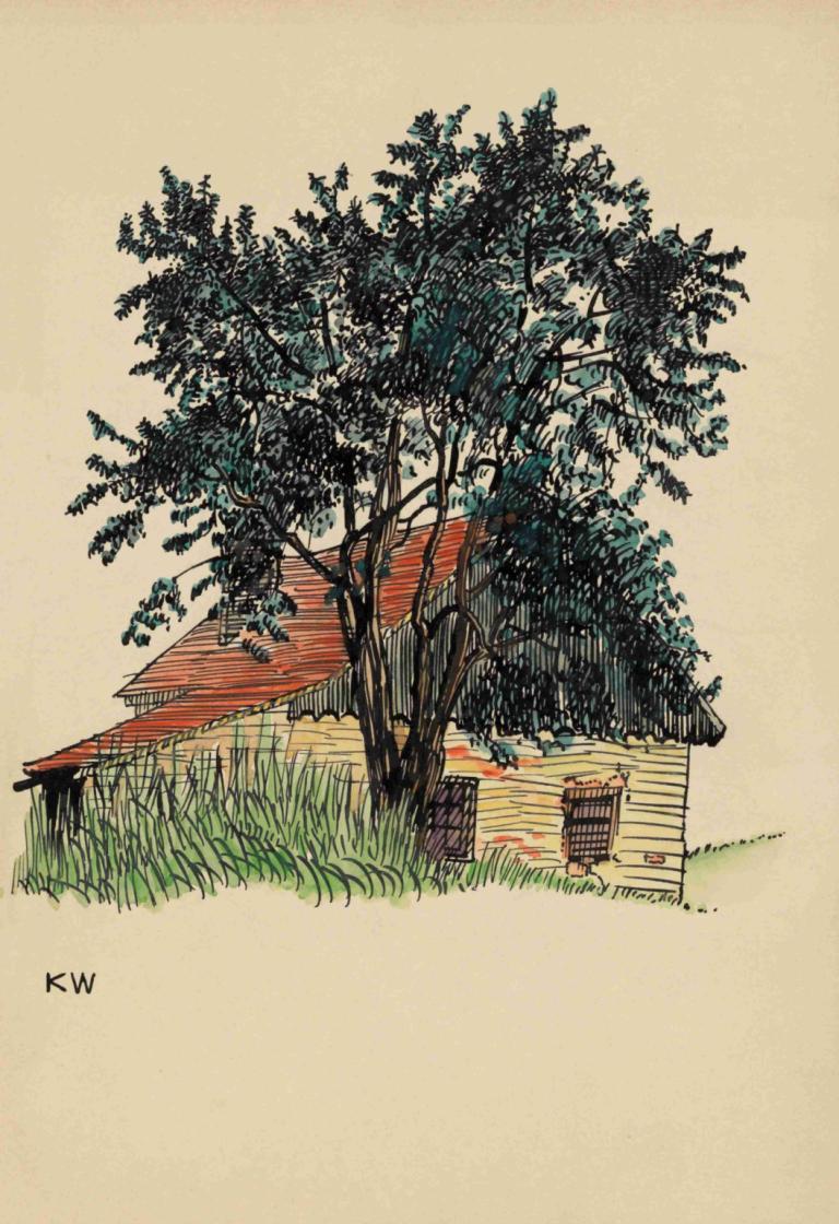 Ohne Titel (Bauernhaus),Sin título (granja),Karl Wiener,Ilustración,Ilustración, césped, no humanos, árbol