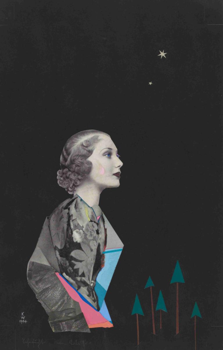 Sehnsucht (Collage),Sehnsuht(拼貼畫),Karl Wiener,卡爾·維納,插畫,插畫, 1個女孩, 獨奏, 抬頭看, 藍眼睛, 輪廓, 上半身, 星（符號）, 黑色背景, 簽名, 簡單的背景