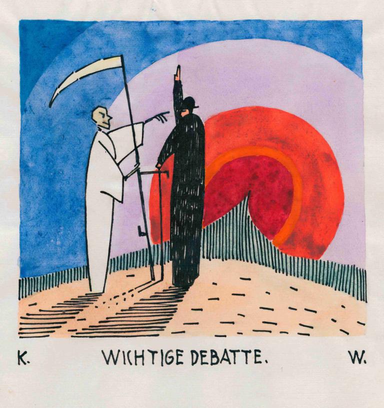 Wichtige Debatte,Vigtig debat,Karl Wiener,Illustration,Illustration, Le, bedrift, engelsk tekst