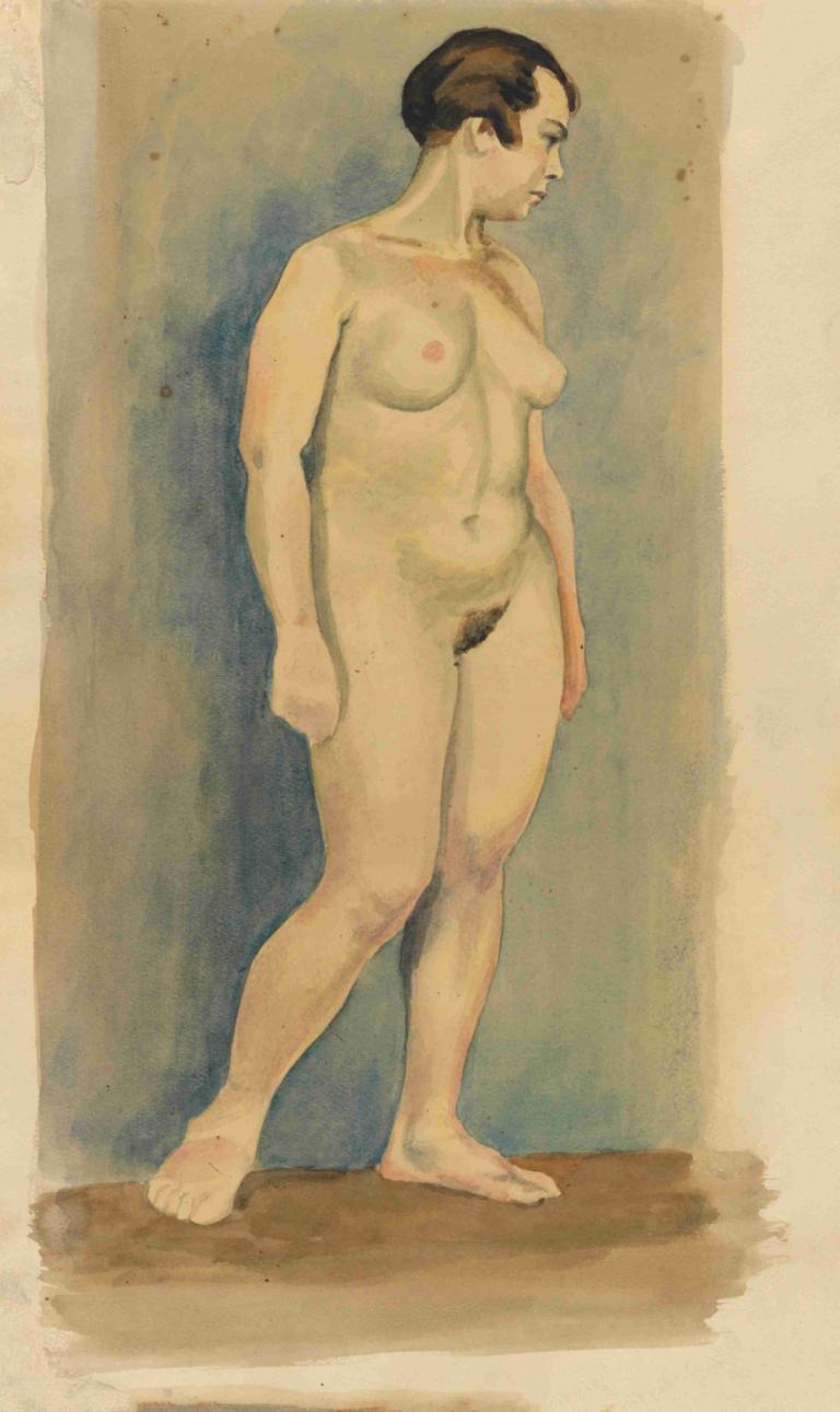 weiblicher Akt V,Karl Wiener,Watercolor,Watercolor, 1girl, solo, nude, nipples, breasts, short hair