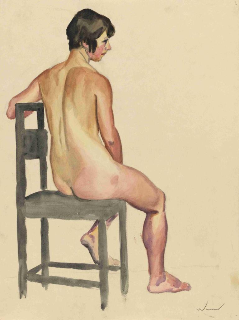 weiblicher Akt VI,Karl Wiener,Watercolor,Watercolor, solo, nude, chair, ass, sitting, sitting backwards