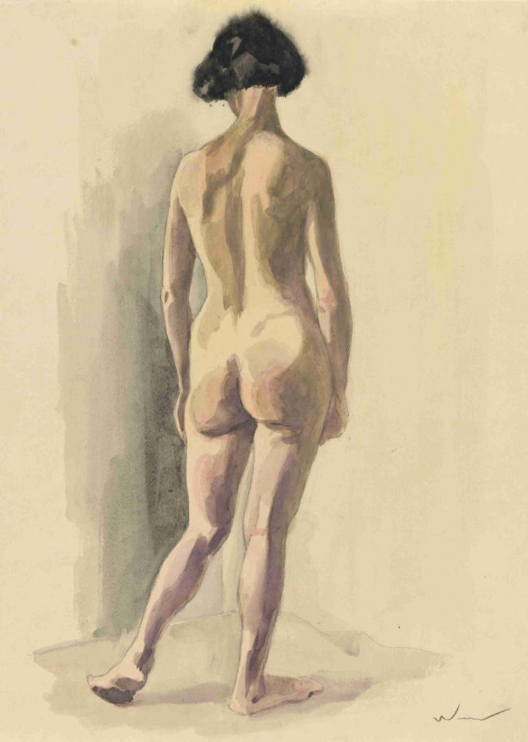 weiblicher Akt VII,Karl Wiener,Watercolor,Watercolor, 1girl, solo, ass, nude, barefoot, from behind