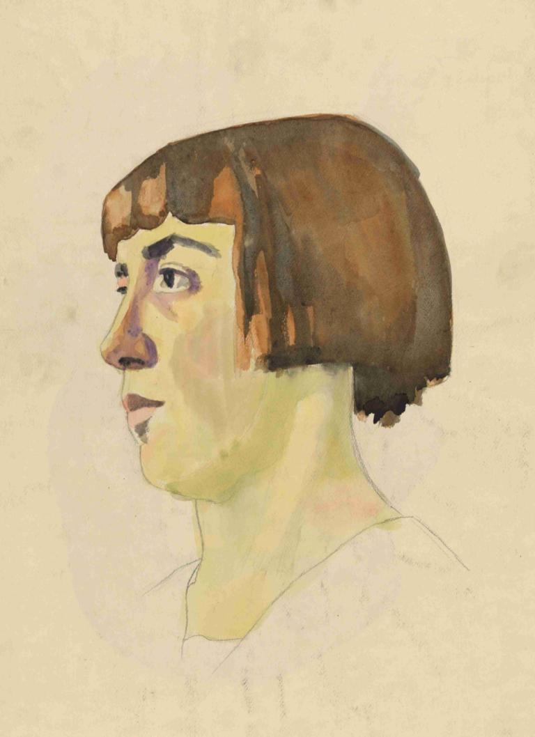 weibliches Porträt,Karl Wiener,Watercolor,Watercolor, solo, 1girl, brown hair, short hair, black eyes