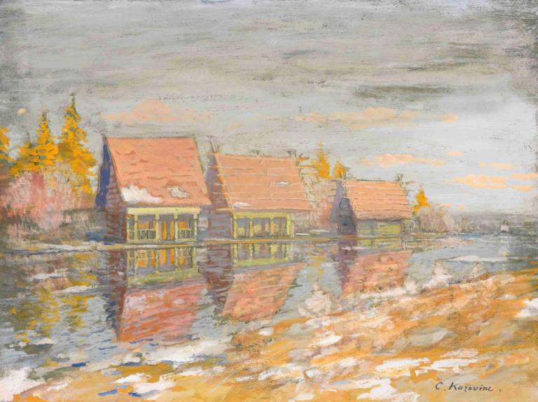 Dachas On The River Bank,Konstantin Alexeevich Korovin,Oil Painting,Oil Painting, no humans, scenery