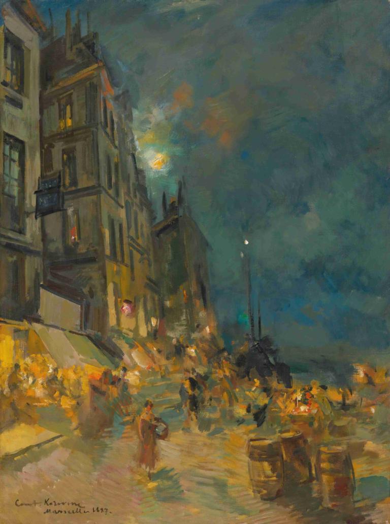 Marseilles Quay By Night,Konstantin Alexeevich Korovin,Oil Painting,Oil Painting, moon, night, building